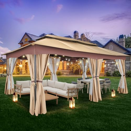 HOTEEL Gazebo 12x20, Outdoor Gazebo on Clearance with Double Ventilated Arc Roof, Privacy Curtains & Mosquito Netting, Easy Set up Canopy Tent with Stable Metal Frame for Patio, Khaki (Upgraded 2.0)