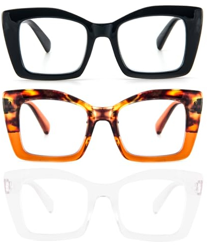 KoKoBin Oprah Occhiali da lettura quadrati da donna Oversized con cerniere a molla per computer (Nero/marrone leopardato/trasparente, 1.5, Diottria)