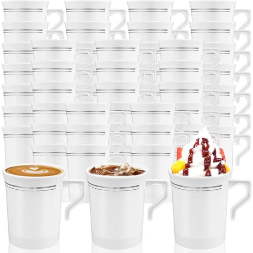 Kaxtde 40 Pcs White Hard Plastic Cups with Handles, 230 ml Unbreakable Reusable Coffee Mugs for Hot & Cold Drinks, Small Drinking Cups with Silver Rim for Camping Picnic Party Wedding