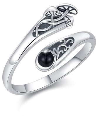 Waysles Mushroom Rings 925 Sterling Silver Gothic Mushroom Spoon Rings with Black Agate Adjustable Spoon Ring Witch Mushroom Jewelry Gift for Women Size 8#