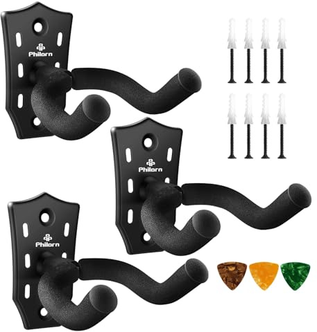 Philorn 3 Pack Guitar Wall Hangers, Black Guitar Wall Mount Hanger with Screws, Stainless Steel Hooks Holder Stand for Bass, Violin, Acoustic, Banjo, Ukulele