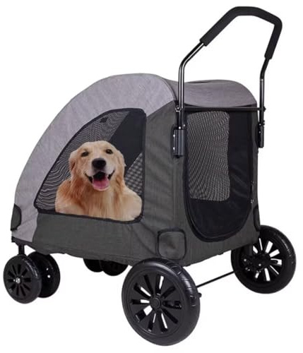 LZHUYE Hundekinderwagen, Großer Haustierbuggy mit Netzfenstern und Regenschutz, Hundebuggy mit 360°-Universal-Vorderrädern und Bremsen-Hinterrädern, Haustierwagen für mittelgroße und große Hunde bi