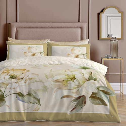 Appletree - Gold Ochre Floral Duvet Cover - Single Bedding Size (140 x 200cm) - Soft 100% Cotton - Reversible Designs - Piped Edge - 1 Pillowcase - Gold White Bedding with Flowers