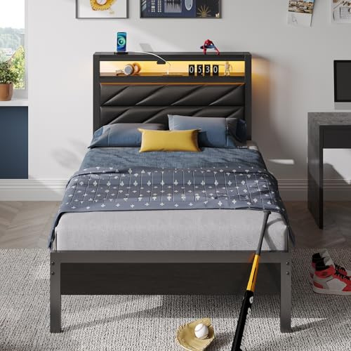 Cama de 90x200 con LED, Somier con 2 Puertos USB y 1 Puerto Tipo C, Cama de Metal con Cabecero Tapizado y Espacio de Almacenamiento, Habitación de los niños, la Habitación de los Adolescentes
