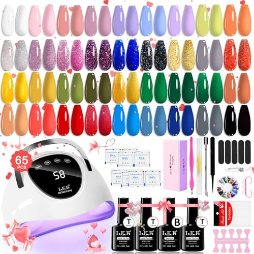 LKEE Gel Nail Polish Set with 108W U V Lamp - 65Pcs Nail Kits for Starter,36 Vibrant, Shimmering, and Matte Colors Gel Nail Polish with Base Coat and Top Coat (Red)
