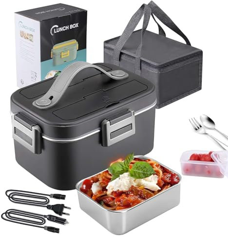 Lunch Box Chauffante 75W, 1.8L Gamelle Chauffante Électrique 2 en 1, 12V/24V/220V Boîte Chauffante Repas, Boite Chauffante Repas Portable avec Couverts, Acier Inoxydable, pour Bureau,Voyage (A)