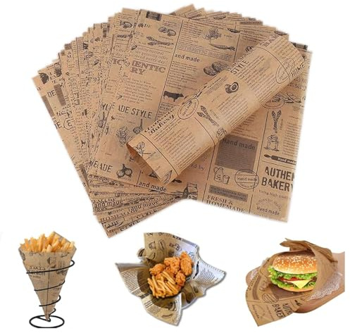 100 Feuilles Papier Emballage Alimentaire, Papier D'emballage Alimentaire pour La Cuisson,Papier Sulfurisé pour Camping,Style Journal Vintage, pour Sandwich, Frites, Hamburger,28cm x 38cm
