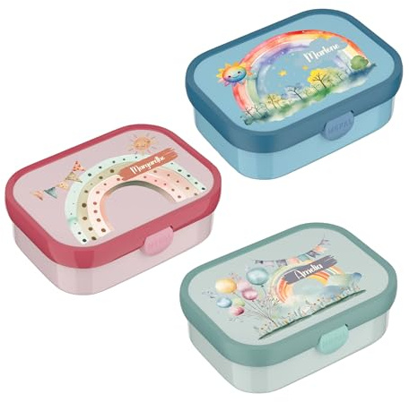 wolga-kreativ Mepal Campus Brotdose Kinder mit Fächern - Personalisierte Lunchbox mit Namen für Schule, Kindergarten und Einschulung - Motiv Regenbogen - Vesperdose mit Unterteilung Kinder