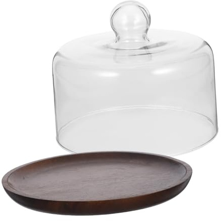CIYODO Stylish Cake Display Glass Cover Wood Cake Stand Glass Dome Food Display Plate for Desserts and Cheese Boards Easy to Carry