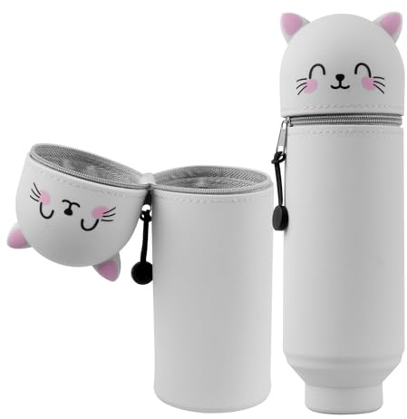 YADOBIG 2 en 1 Estuche de Silicona, Telescópico Estuche Escolar Kawaii de Silicona, Gato Kawaii, con Cremallera, Adecuado para el Colegio, Oficina, Regalo para Niños y Niñas