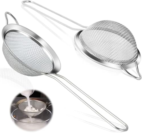 Small Stainless Steel Fine Mesh Strainers, 2 Pack 8cm Diameter Mini Sieve with Handle Kitchen Hooks, Perfect for Filtering Tea, Coffee, Juice, Flour, Eggs