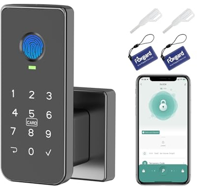 Foxgard Fingerprint Door Lock – 5-in-1 Biometric Smart Lock with Keypad, App Control, Key, Auto-Lock, Electronic Deadlock – Keyless Entry for Bedroom, Office, Indoor Use – Includes 2 IC Cards