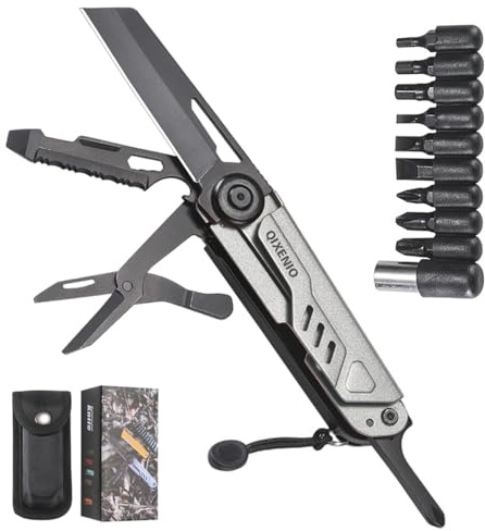 QIXENIO Kompaktes Outdoor-Klappmesser mit 6,9 cm scharfer 2CR13-Klinge – Aluminium-Griff, rostfrei, 178 g – 10 Funktionen für Abenteuer (Grau)