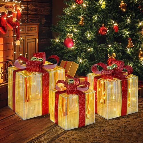 DomKom Juego de 3 cajas de regalo iluminadas de Navidad, 140 luces LED, caja de regalo con marco de metal con adorno de bola dorada, enchufe UL para árbol de Navidad, decoración de interiores y