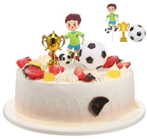 TOYANDONA Soccer Cake Topper Set of 3 Football Birthday Party Decorations with Ball Player and Trophy Non-Edible Cake Decorations for Boys Party Supplies and Celebration