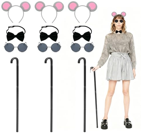Mouse Costume Accessories-12Pcs with Mouse Ears Headband Blind Cane Black Glasses Bow Tie, Animal Mouse Cosplay Adult Outfit for Halloween Carnival Party