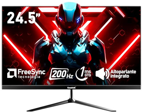 Gawfolk Monitor per computer gioco 24,5 pollici per PC 200Hz, schermo FHD 1080p, altoparlanti integrati, 1 ms senza cornice, Freesync, 99% sRGB, DisplayPort, HDMI, montaggio a parete 75 * 75mm - nero