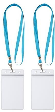 WEBBOMB 2x Ausweishüllen ZIP Kartenhalter flexibel vertikal wasserdicht für 1-2 Ausweise und Karten ID-Card Schutzhülle 0,80mm transparent + 2x Umhängeband Lanyard (Türkis_Vertikal)