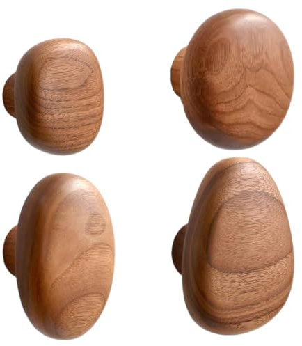 Väggkrokar i Ferricult trä, 4 st kraftiga väggkrokar i naturlig trä, stenformade dekorativa skåpknoppar för att hänga handdukar, kläder, väskor, bordsfigurer