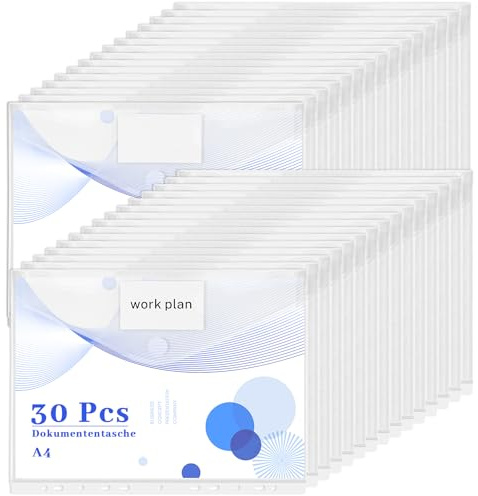 A4 Dokumententasche, 30 Stück Transparent Dokumentenmappe mit 11 Löchern Wasserdicht Sammelmappen mit Klettverschluss Etikettentasche Mappen A4 für Dokumente Organisieren
