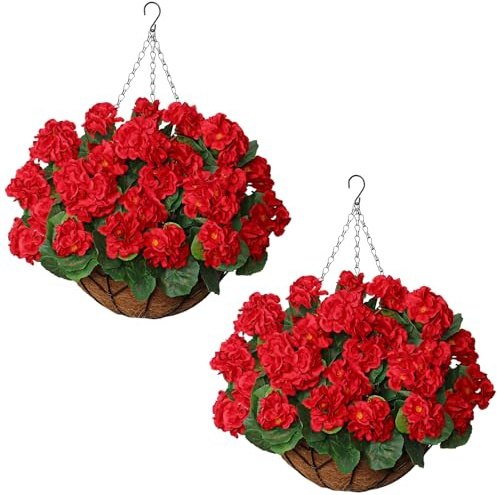 Weldomcor Juego de 2 cestas colgantes de geranios artificiales para exteriores, flores falsas de seda, grandes plantas colgantes artificiales, cesta de cadena para porche delantero, jardín, patio