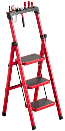 3 Step Ladder with Tool Tray, 330LBS Heavy Duty Folding Step Stool | Extra Wide Anti-Slip Pedals & Non-Slip Feet,Foldable Ultra-Thin Storage,Portable Multi-Use Household Stepladder