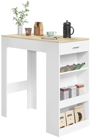 WOLTU Table de Bar, Table Haute Cuisine, 1 Tiroir et 3 Compartiments Ouverts pour Rangement Latéral, en Bois d'Ingénierie (avec Planches en Bois, Chêne Clair + Blanc, 100 x 50 x 100 cm)