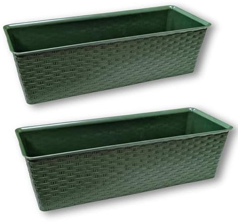 ADEPTNA Set of 2 Rattan Window Box Planters 15.5cm – Green Plastic Outdoor Trough Flower Pots – Rectangular Balcony & Window Sill Garden Planters – Weather-Resistant Rattan Effect Plant Boxes