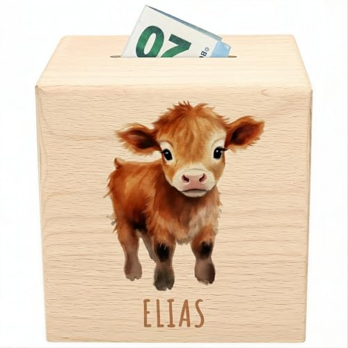 Kuh Spardose für Kinder personalisiert Sparbox aus Holz Sparschwein mit Schlüssel Taufgeschenk für Jungen Mädchen Holzspardose