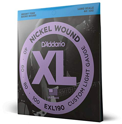 D'Addario E Bass gitarrsträngar – strängar E bas – basgitarr strängar – E bassträngar – bas gitarrsträngar – EXL190 – Custom Light, 40–100 – Long Scale