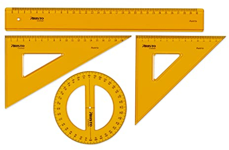 Aristo AR22509 Geometrie Contrast Set (45° Dreieck, 60° Dreieck, Vollkreis-Winkelmesser, Lineal 30 cm, Tuschekanten und Facetten, Kunststoff) kontrasterhöhendes orange