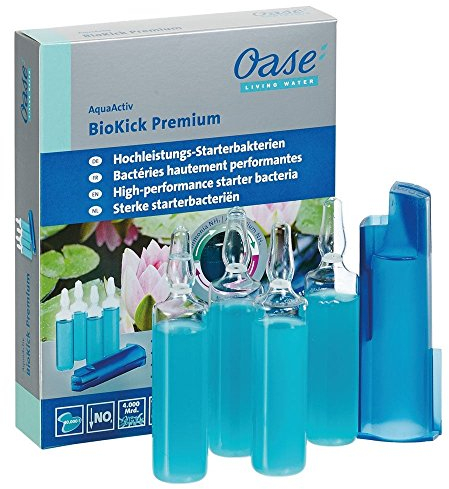 OASE 51280 AquaActiv BioKick Premium 4 x 20 ml für je 10.000 l - hochkonzentrierte Filterbakterien Starterbakterien für Teich Fischteich Gartenteich Schwimmteich, blau