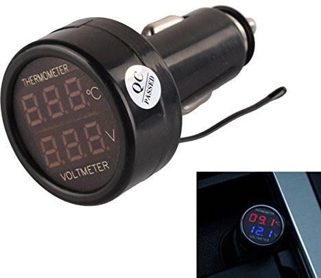 Aihasd 2IN1 12V/24V Auto Batterie Spannung Zigarettenanzünder Monitor Voltmeter KFZ -10~80 ℃ Temperatur Tester Thermometer Digital Anzeige (rot + blau)