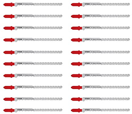 STIER Stichsägeblatt, 20 Stück, ST3182, Schnittlänge S 95 mm, Zahnteilung 2,2-3,2 mm, perfekt geeignet zum Zuschneiden von Holz, Arbeitsplatten, Verbundplatten, CV-Stichsägeblatt
