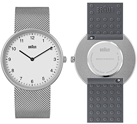 Braun 2-Zeiger-Quarz-Analoguhr, weißes Zifferblatt und Edelstahl-Mesh-Armband mit zusätzlichem grauem Silikon-Kautschukarmband, Schnellverschluss-Federstege, 38 mm, Modell BN0281WHMHGYG.