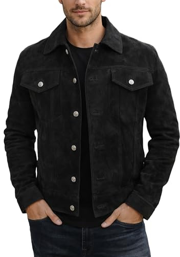 Fashion_First Mens Suede Leather Trucker Jacket - Western Style Cowboy Genuine Leather Jacket
