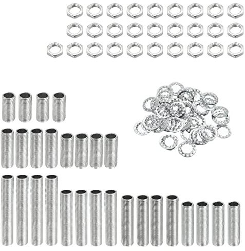 sourcing map Tige Filetée Creuse pour Lampe Trousse avec Encoches Écrou Teeth Rondelle 1/8IP Filetage Fixation Assortiment pour Luminaire Plafonnier Réparation Assemblage Coffret de 84