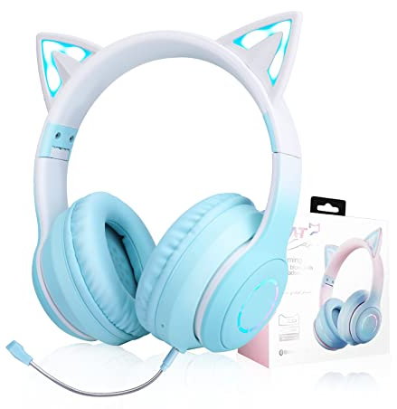 JYPS Auriculares Inalámbricos para Niños para Niñas, con Luz LED, Orejas de Gato, Auriculares Bluetooth Ajustables sobre la Oreja con Micrófono para Adolescentes/Adultos Mujeres/Tableta/iPad/PC Rosa