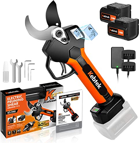 Kebtek Tijeras de Podar Electricas Bateria Profesional 40MM, 18V Motor Sin Escobillas 2 Batería de litio Recargable, Pantalla LCD, Para Poda De Ramas De Árboles (KT940)