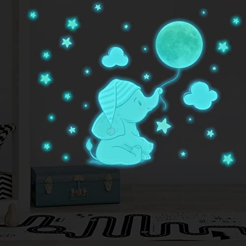 Wandtattoo Leuchtend Elefanten Sterne Wolken Wandsticker Leuchtend Aufkleber Mond für Baby-Kinder-Zimmer Mädchen Junge Wanddeko