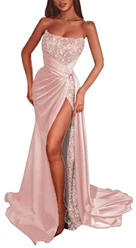 SAYNO Glitzer-Pailletten-Abschlussballkleider, Meerjungfrauen-Schlitz, Satin, Abendkleid, glitzernd, Stretch mit Zug, Peach, 42