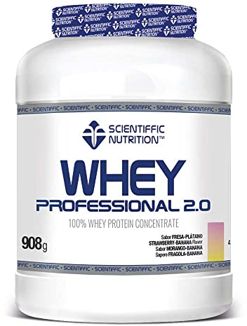 Scientiffic Nutrition - Whey Professional 2.0 Proteinas Whey en Polvo 100% Pura, para Aumentar la Masa Muscular, con Enzimas Digestivas y Lactasa - 908g, Sabor Fresa - Plátano.