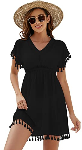 Onfettic Damen Strandkleid Sommer Badeanzug Strandtunika Chiffon Strandponcho Sommerkleider Bikini Cover mit V-Ausschnitt (Schwarz, S)
