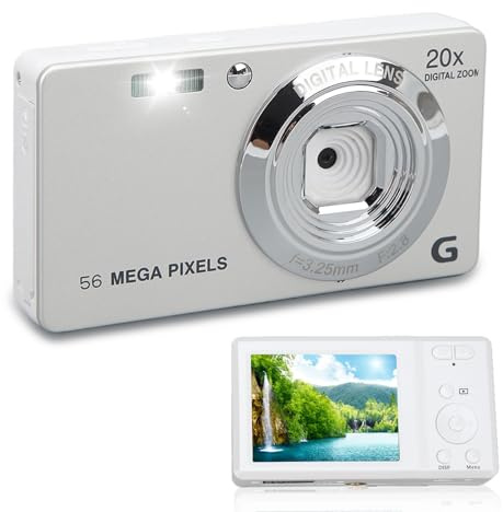 Appareil Photo Numérique XF500, écran LCD 2,7 Pouces 56MP 20X Zoom Numérique HD 4K Vlogging Camera, Flash intégré, Prise en Charge de la Carte Mémoire 128G, Batterie 750mAh Selfie (Argent)