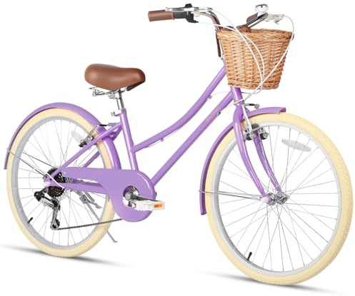 Glerc 24 Mädchen Cruiser Bike 6-Gang Cruiser Frauen Hybird Fahrrad für Alter 7 8 9 10 11 Jahre alt mit Weidenkorb. Leichter Rahmen und Gabel, lila