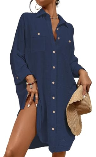 Bsubseach Täckande badkläder för damer, övertäckningsplagg, modern tunika, blus med knappar, skjortklänning, topp, marinblå, M