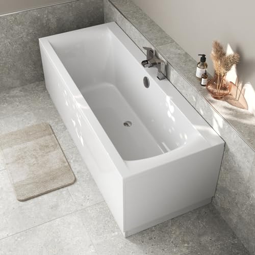 Baystone 1700 x 700mm Double Ended Straight Bath White Gloss Soaking Bathttub, Acrylic Baths for Bathrooms, Straight Square, Adjustable Feet, No Panel