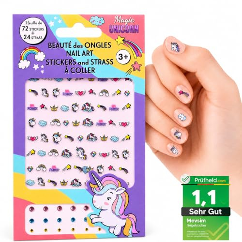 [ Test SEHR GUT, Note 1.1 *] Einhorn Nagelsticker Kinder – Selbstklebend Nagelaufkleber für Mädchen – 72 Sticker + 24 Strass – Nagellack Kinder Nail Art Deko – Ungiftig & Leicht zu Entfernen