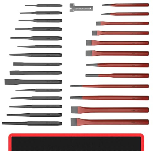 AMM 28 PCS Heavy Duty Punch and Chisel Set, Including Taper Punch, Cold Chisels, Pin Punch and Center Punch, Cr-V, Ideal for Working with Wood, Metal, Automotive, Sculpture, etc