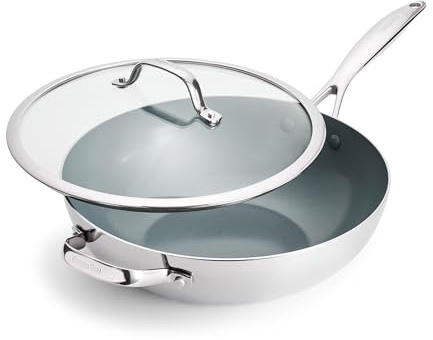 GreenPan Valencia Pro Tri-Ply Stainless Steel 12” Wok with Lid, PFAS-Free Ceramic Nonstick Coating, Induction Ready Cookware, All Cooktops, Dishwasher & Oven Safe to 600F